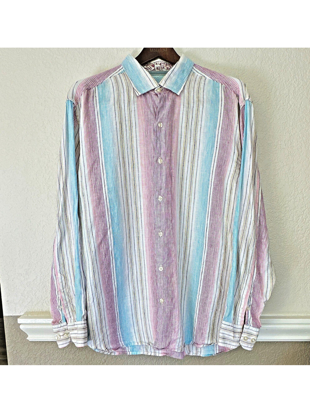 Tommy Bahama 100% Linen Shirt XL Red Blue Striped Button Down Long Sleeve
